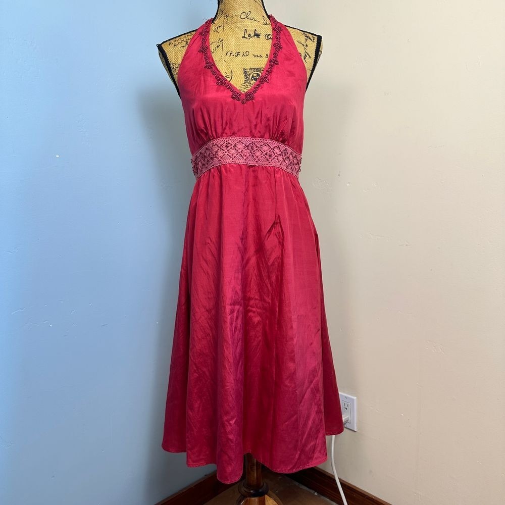 Spenser Jeremy Sz 6 Dress Silk Slip Halter Beaded Lace Midi Pink‎ Y2K 90s Whimsy